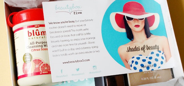 beautybox5 April 2014, BH Cosmetics - BH Malibu Eyeshadow and Blush Palette, Blum Naturals All Purpose Cleansing Wipes, Nicka K New York Hydro Lipstick - Concerto, Bonne Bell Lip Definer, Jergens Natural Glow - 3 Days to Glow Moisturizer